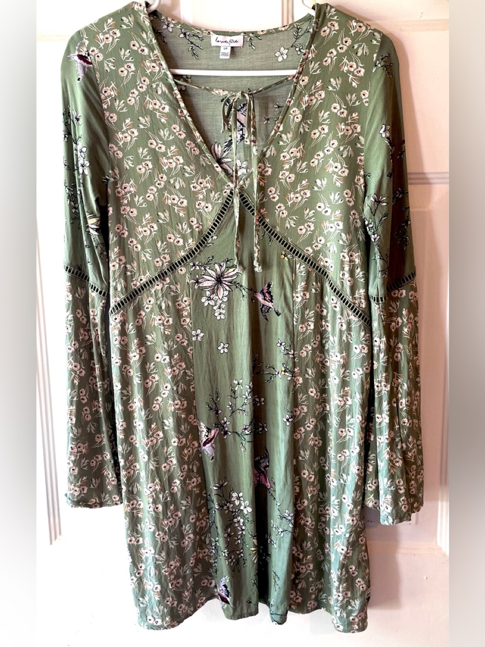 Love, Fire Sage Green Beige Floral Pink Bird Print Flare Sleeve Boho Dress Small